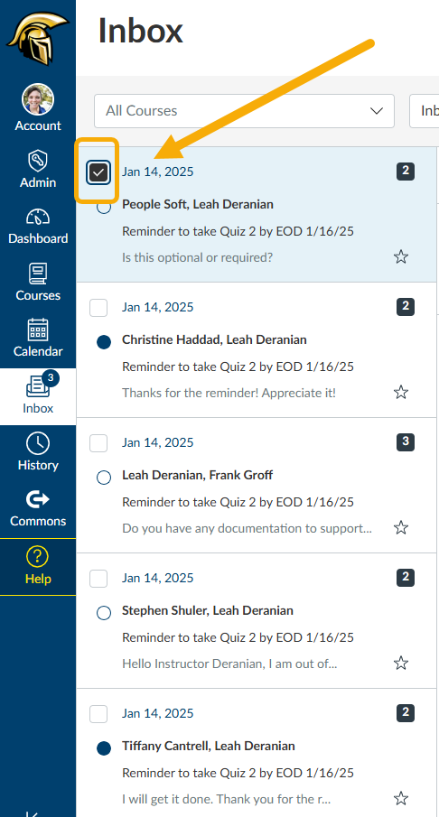 Inbox with course reminders and messages.