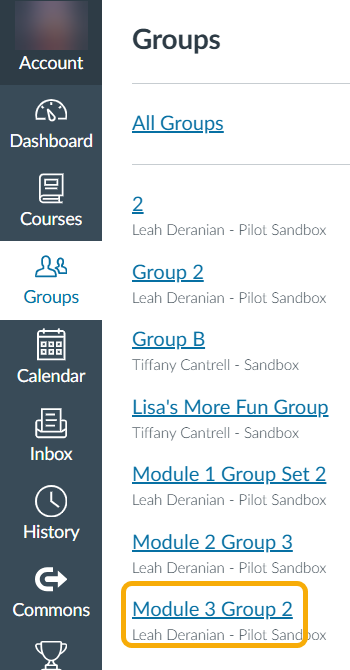 Sidebar menu with group listings.