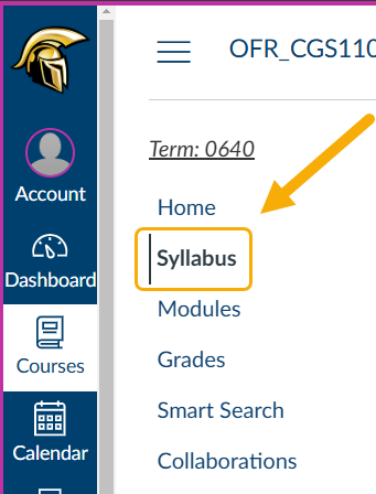 Navigation menu highlighting "Syllabus" option.