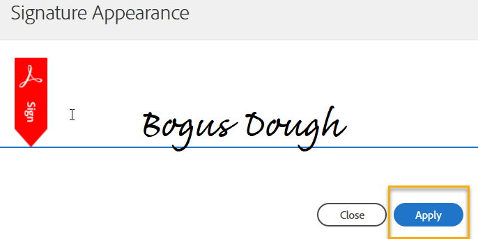 Signature appearance interface with text input.