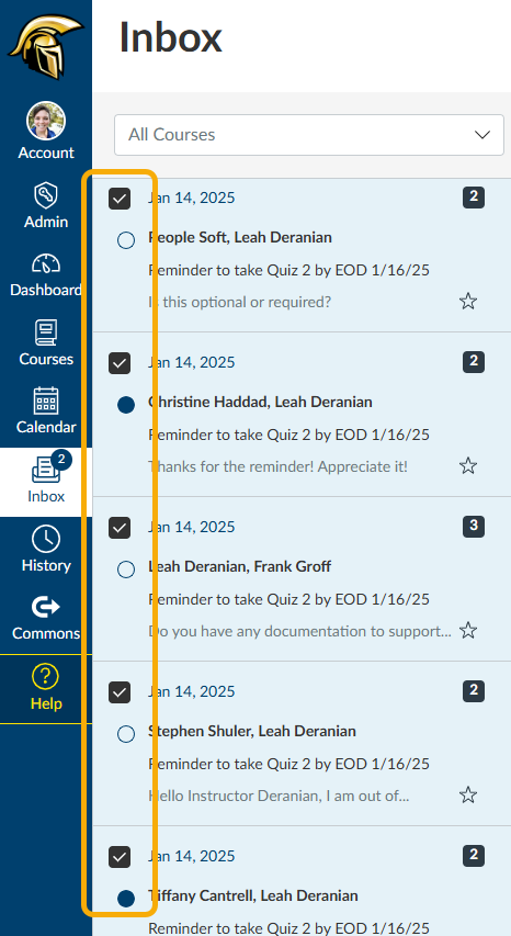 Inbox interface with course reminders and messages.