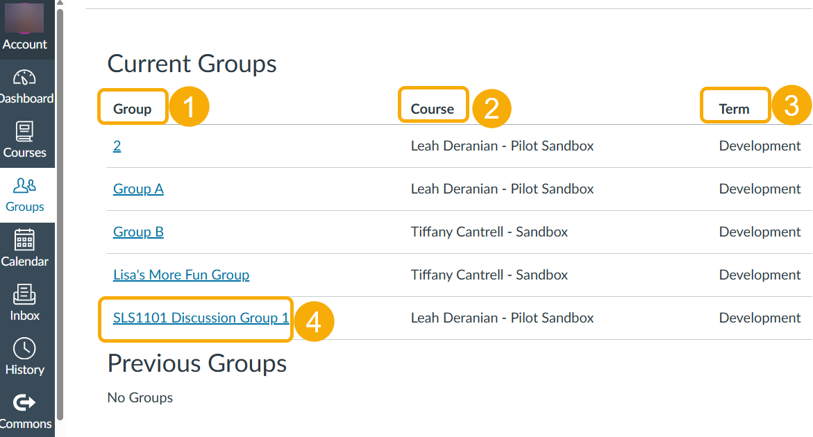 Current groups in an online course platform.