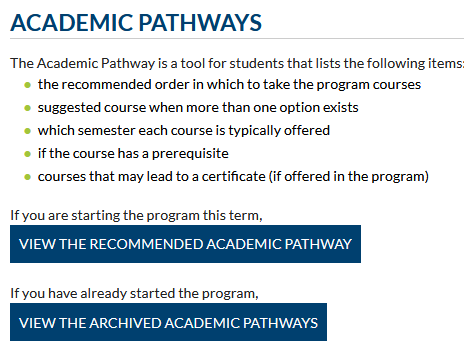 Academic pathways information and navigation options.