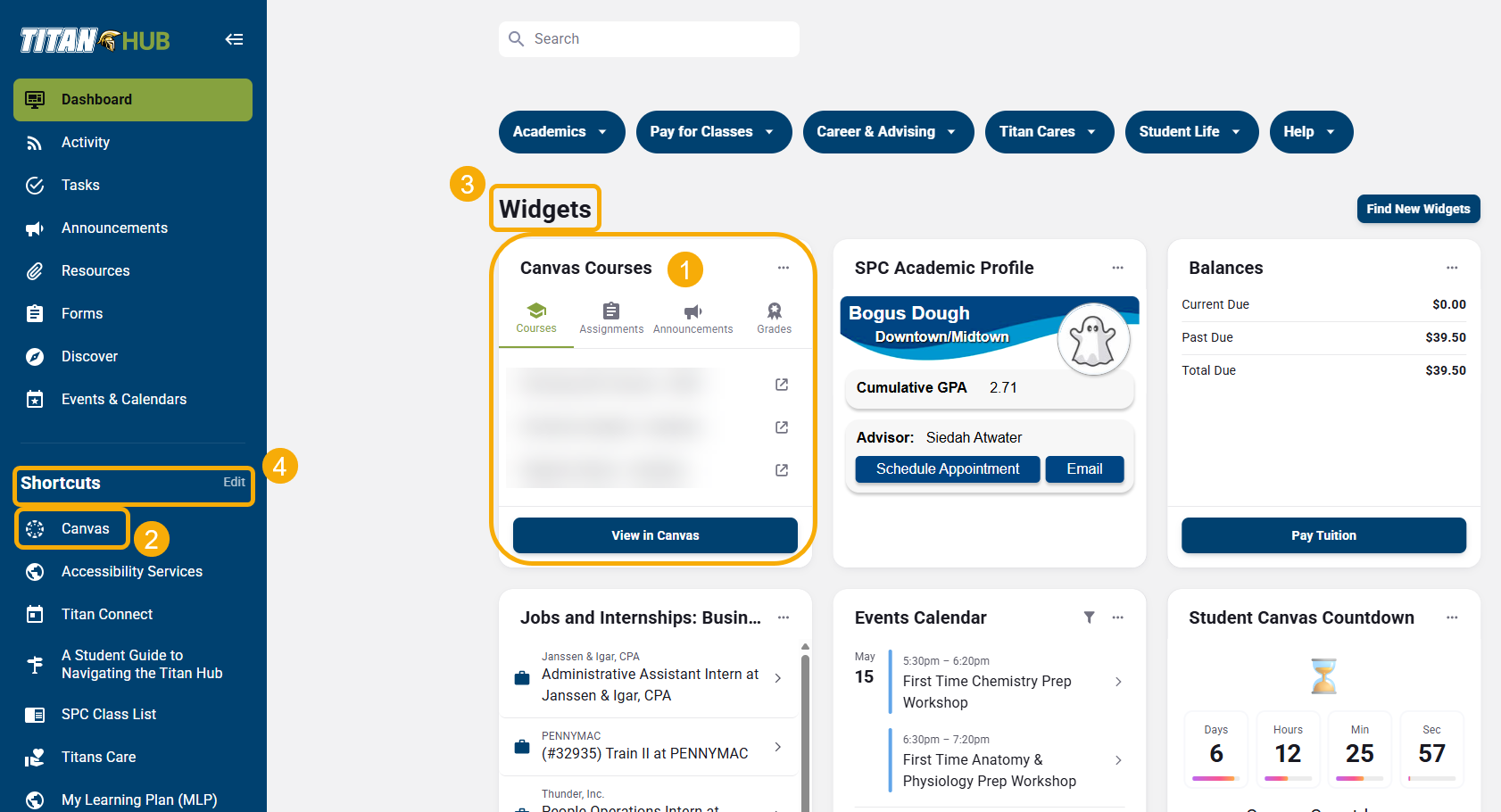 Screenshot of Titan hub showing how to find Canvas from shortcuts menu and from widgets