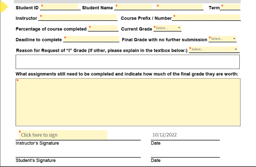 Form for requesting an incomplete grade in a course.