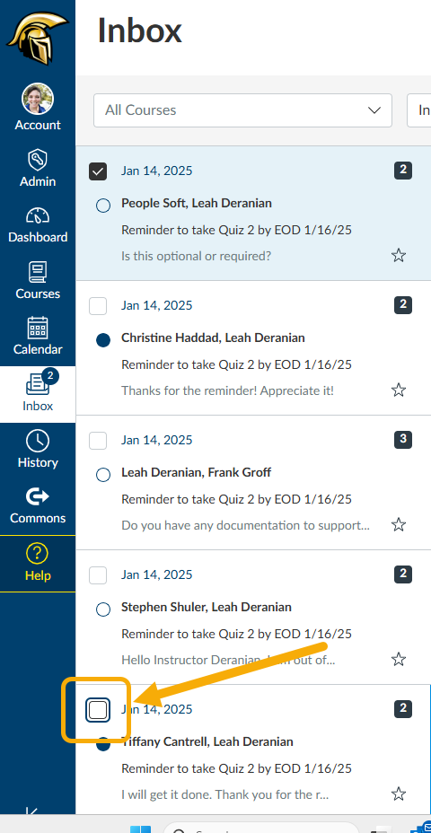 Inbox interface with course reminders and messages.