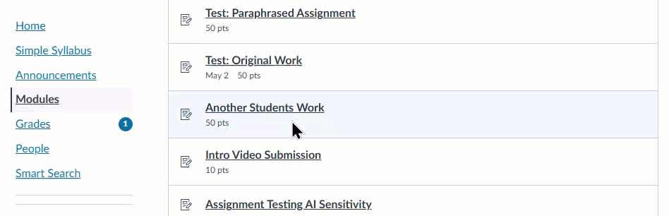Course module list with assignments and points.