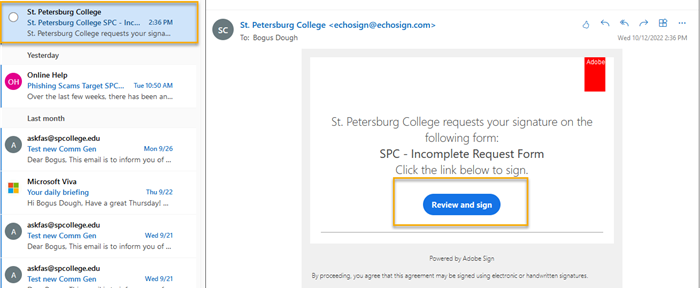Email requesting signature for a form from SPC.