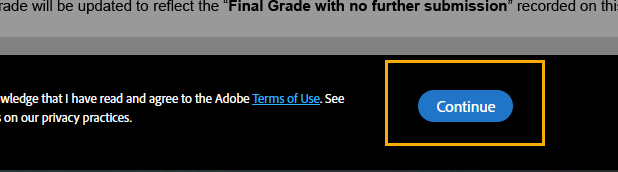 Button to continue on Adobe Terms of Use page.