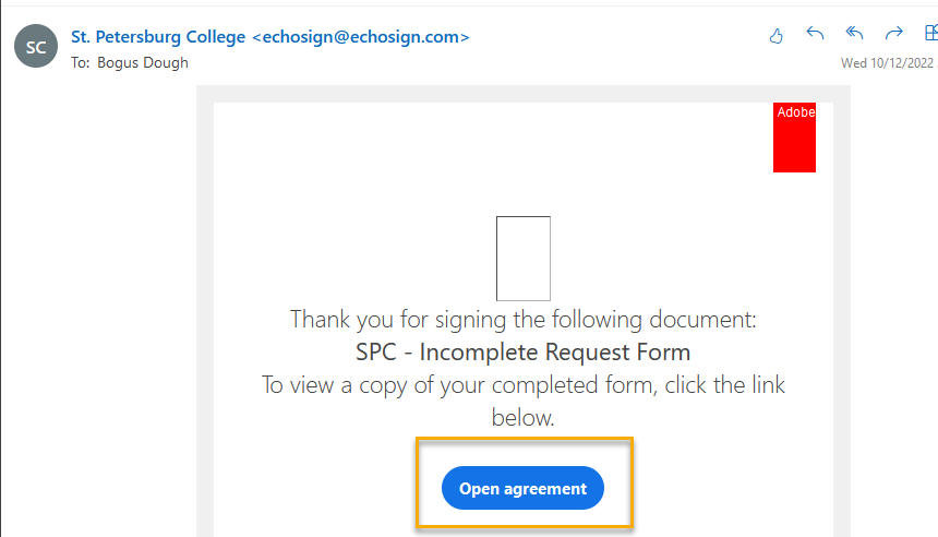 Email confirmation for signed document request.