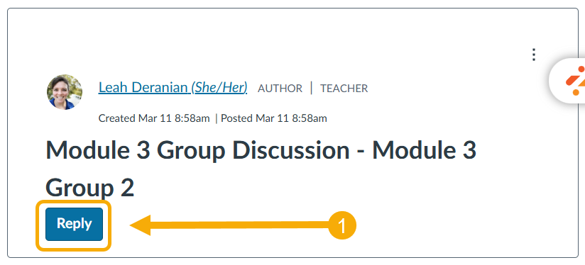 Discussion post with a reply button highlighted.
