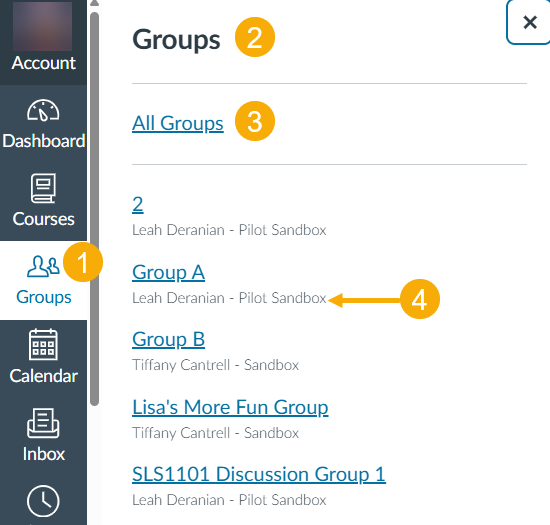 Group list in an online platform interface.