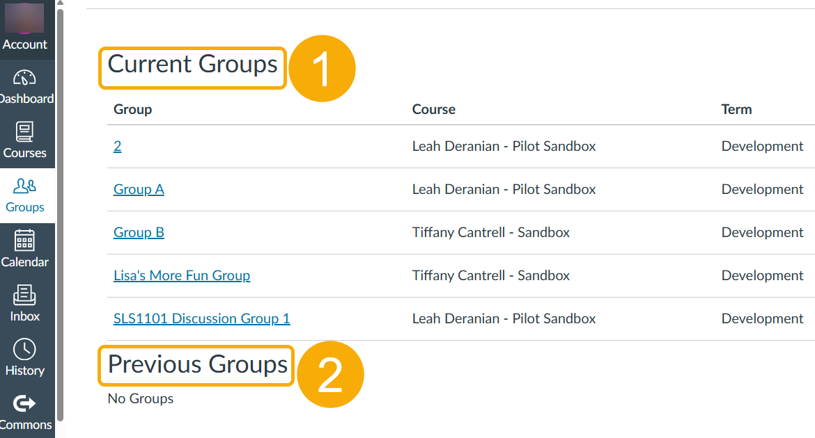 Course groups list with current and previous sections.