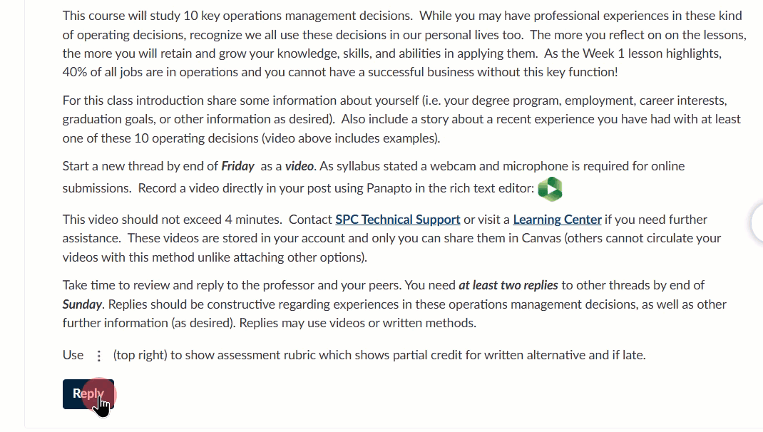 Course instructions for video submissions and replies.